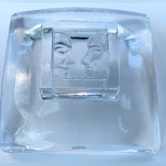 Kosta Boda "Live" Square Footed Thick Concave Glass Trinket Dish Two Faces - Picture 2 of 9